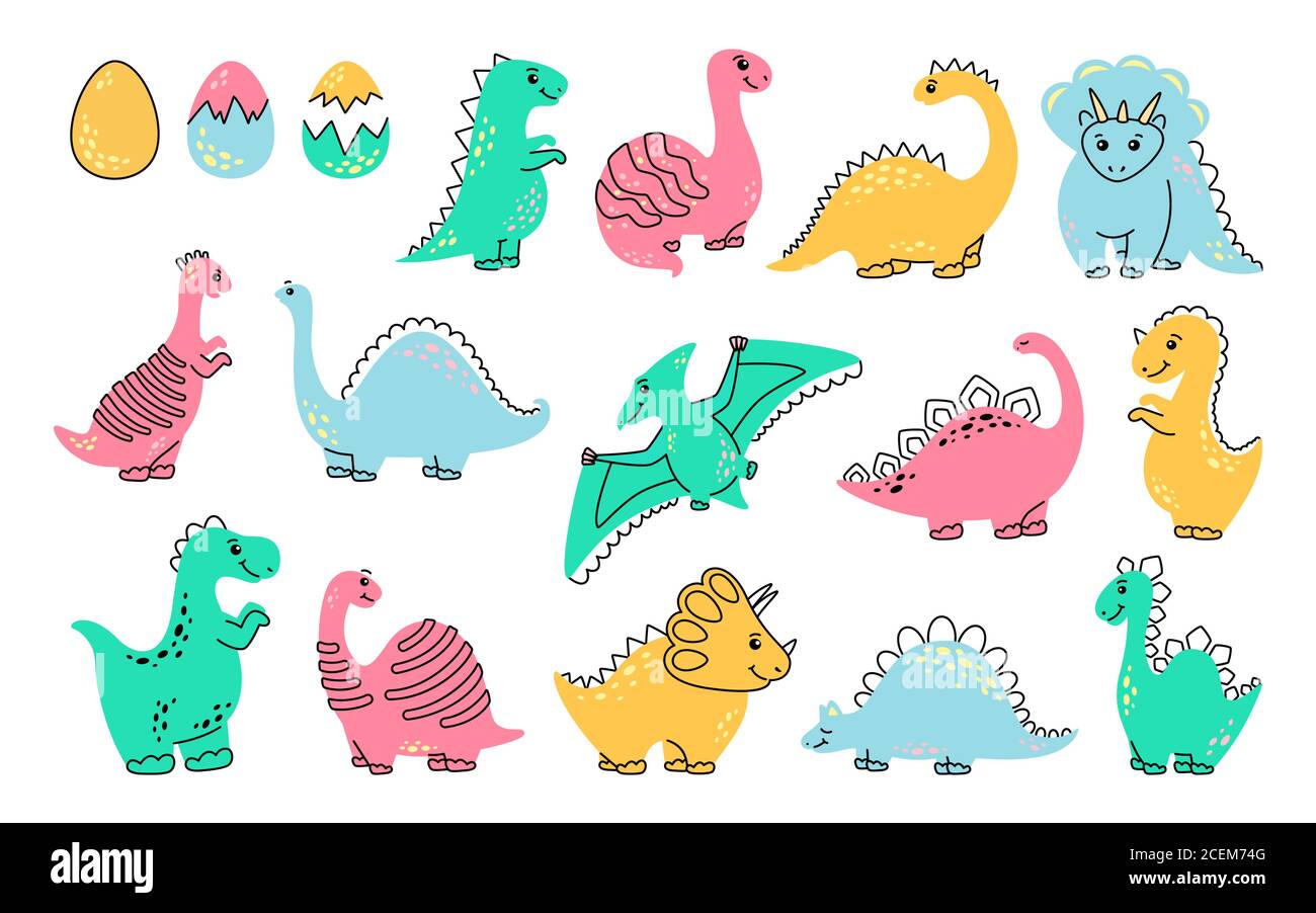 Ensemble de dessins animés de dinosaures. Dinosaures colorés amusants. Collection de reptiles plats, prédateurs et herbivores dino. Motif enfant pour tissu, textile ou papier peint. Illustration vectorielle isolée sur fond blanc Illustration de Vecteur