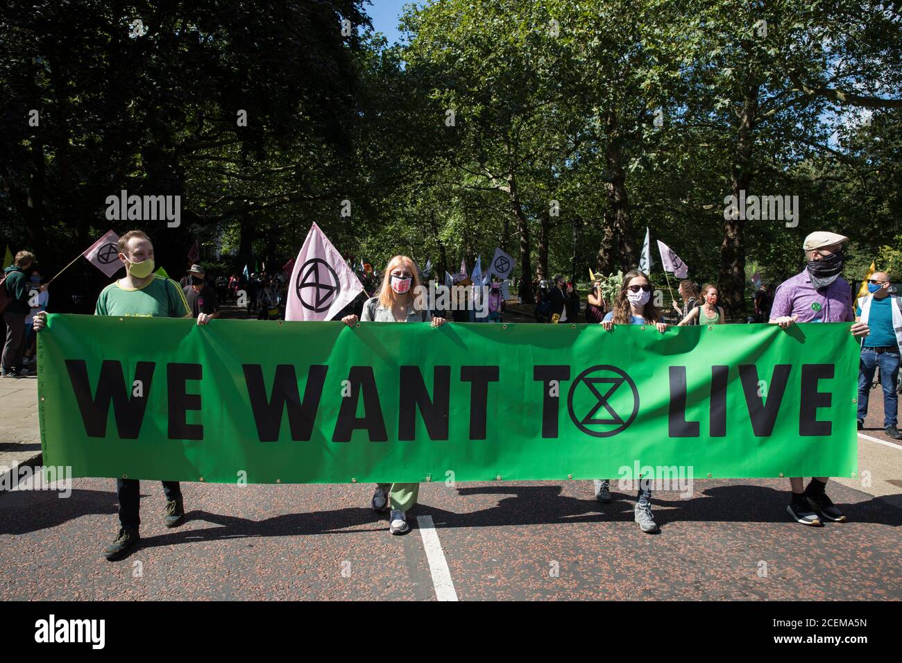 Londres, Royaume-Uni. 1er septembre 2020. Les militants du climat de la rébellion de l'extinction défilent jusqu'à un retour le projet de loi se rassemblent sur la place du Parlement depuis Buckingham Palace. Les militants de la rébellion contre l'extinction assistent à une série de manifestations de la rébellion de septembre autour du Royaume-Uni pour appeler les politiciens à soutenir le projet de loi sur l'urgence climatique et écologique (projet de loi CEE) qui exige, entre autres mesures, Un plan sérieux pour faire face à la part des émissions du Royaume-Uni et pour stopper les hausses critiques des températures mondiales et pour que les gens ordinaires participent à la planification environnementale future par le biais d'une Assemblée des citoyens. Crédit : marque Banque D'Images