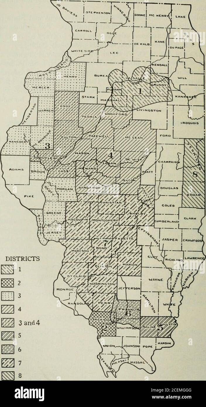 . Bulletin. Sont ceux utilisés par la Commission géologique de l'Illinois. Les districts illustrés à la figure 1 ne contiennent pas tout à fait tous les produits minestravaillés dans l'État, mais 98.3 % du tonnage est produit en eux. Dans 1912 districts 7, 6, 4 et 5, classés dans l'ordre désigné, ont produit 82 % du charbon de l'État. Les districts 2 et 3 ont produit moins de 1 %. CARACTÈRE DU PROCESSUS DE COKAGE. Le cokéfaction du charbon est une distillation destructrice, que ce soit dans l'absence d'air ou en présence d'un approvisionnement limité. Dans la pratique commerciale est fait dans la ruche et les fours de sous-produits et dans les retorts de gaz.le Banque D'Images