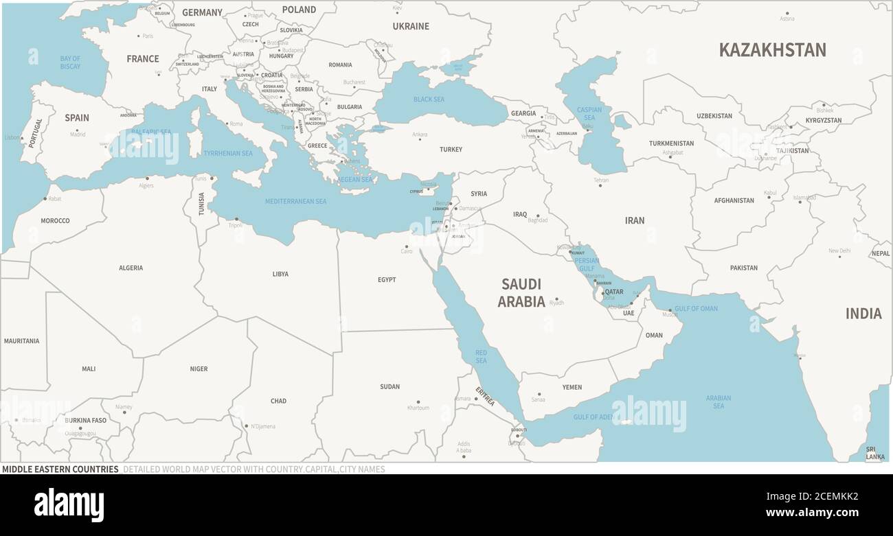 Carte des pays du MoyenOrient. Carte continentale modifiable du pays Image Vectorielle Stock