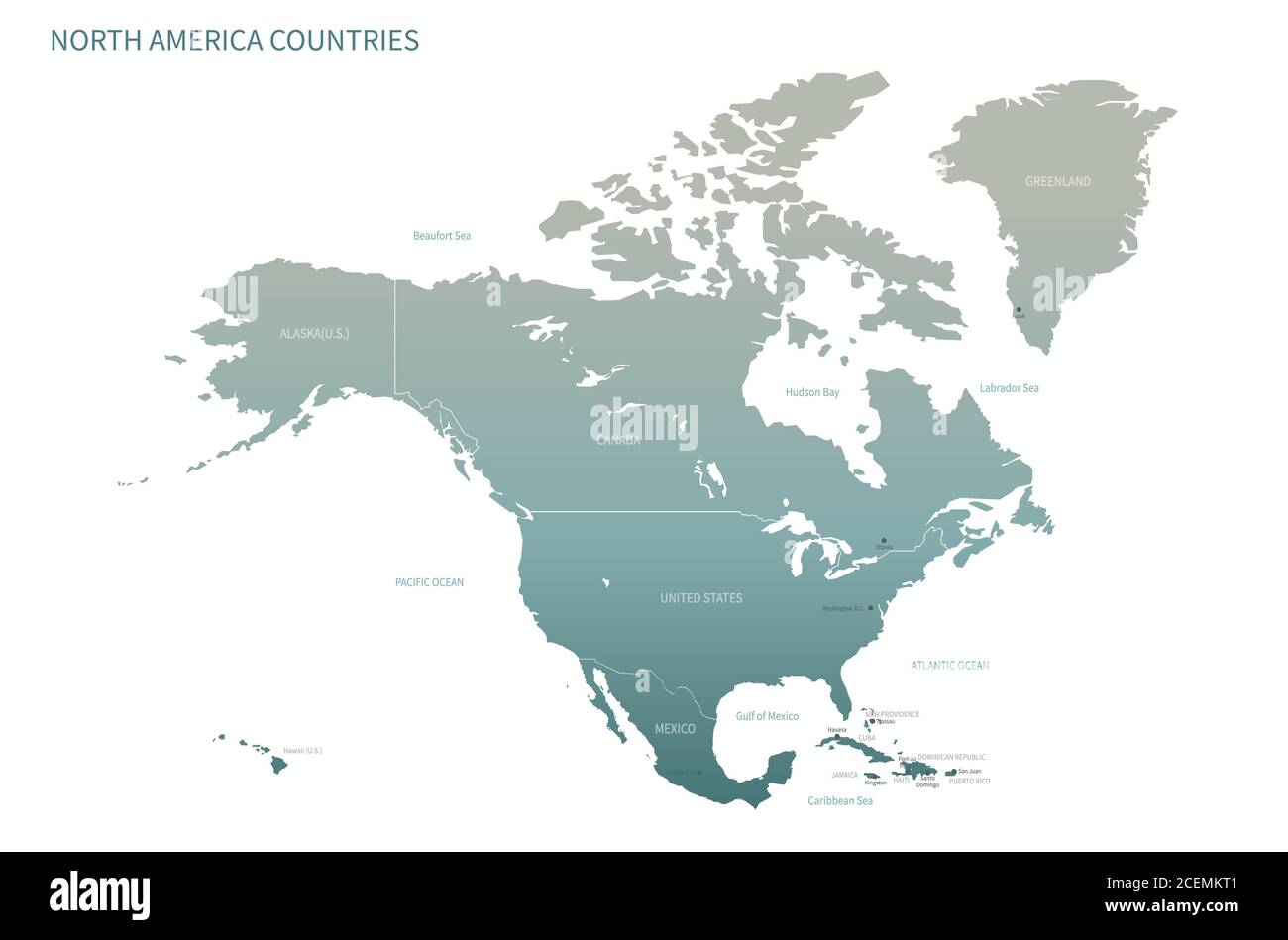 Carte des pays d'Amérique du Nord. Vecteur de carte détaillé avec