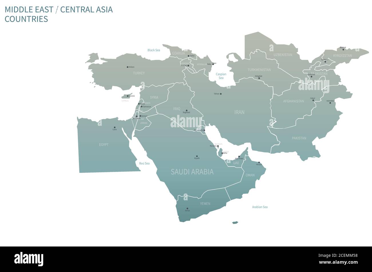 Carte des pays du Moyen-Orient. Vecteur de carte détaillé avec tracés de la capitale nationale Illustration de Vecteur