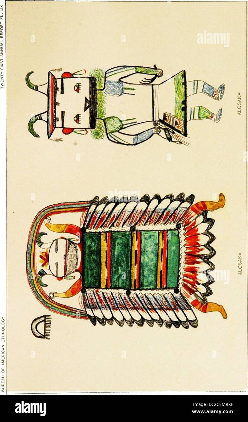 . Hopi Katcinas dessiné par des artistes autochtones. PAIAKYAMU KAISALE MANA HEUOTVPE CO., BOSTON. BWKES] AHULANI, 80YAL KATCINA 121 ALOSAKA(plate LIX) deux photos d'Alosaka ont été tirées ))y l'artiste Hopi. L'un d'eux a un masque avec deux courtes cornes incurvées, comme les novices qui se portent dans la société Aaltu. Dans la main gauche ce Alosak.; porte un déerhorn, et dans la droite une représentation d'un badge (nioiiikohu) fait ofa latte de bois. La deuxième photo d'Alosaka* est plus élaborée que la première. Elle a les deux cornes sur la tête, et le menton est peint en noir. La figure au-dessus de la tête représente Banque D'Images