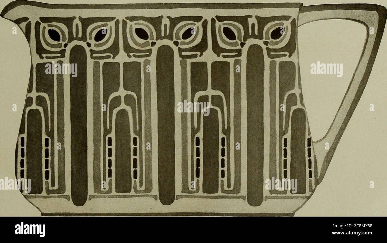 . Studio Keramic. PICHET—PAULA FENSKA DESSIN AVEC l'encre de l'Inde, huile les feuilles inférieures, pièces de poussière. Les bandes sont de la même couleur que les feuilles inférieures, avec gris perle trois parties, vert pomme deux parties. Deuxième incendie : réparer les espaces inégaux. Vert mousse une partie. Formes de fleur d'huile, poussière avec Peach troisième feu—huile pichet entier, tampon très sec. Fleurir trois parties. Gris jaune deux parties, gris perle deux avec glaçage ivoire et une pincée de gris jaune. Poussière. PICHET—MME L. R. LIGHTNER LA couleur la plus foncée est gris perle dix parties, vert pomme le gris clair est gris perle cinq parties, vert pomme une partie. LEM Banque D'Images