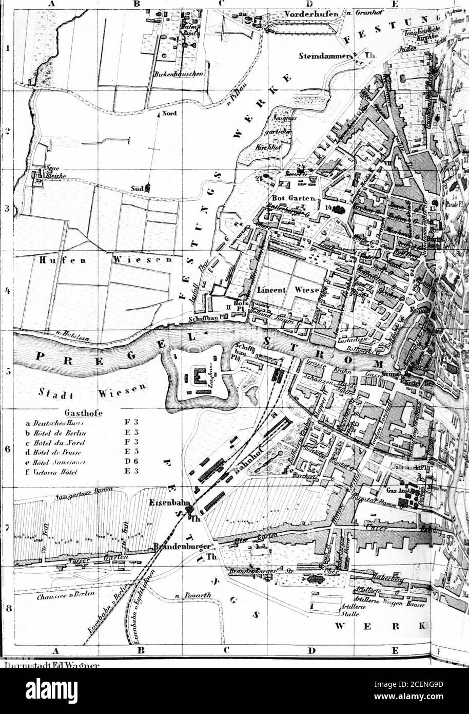 . Le Rhin et le nord de l'Allemagne: manuel pour les voyageurs. Es sur thePregel, 4 M. de son afflux dans le Frische Haff, qui est assez profond pour admettre des navires de grande force. Les ExtensiveGranaries dans la rivière témoignent de l'importance commerciale de la ville. Le Schloss (PI. 19), un bâtiment peu attrayant, fondé par Ottokar, roi de Bohême, après la fin de l'acampaign contre les Prusse païens, fut ensuite la rési-dence des Grands maîtres de l'ordre teutonique, et de façon secondaire, jusqu'en 1525, celle des Ducs de Prusse. Il est maintenant le siège du gouvernement et de la Civic A. Banque D'Images