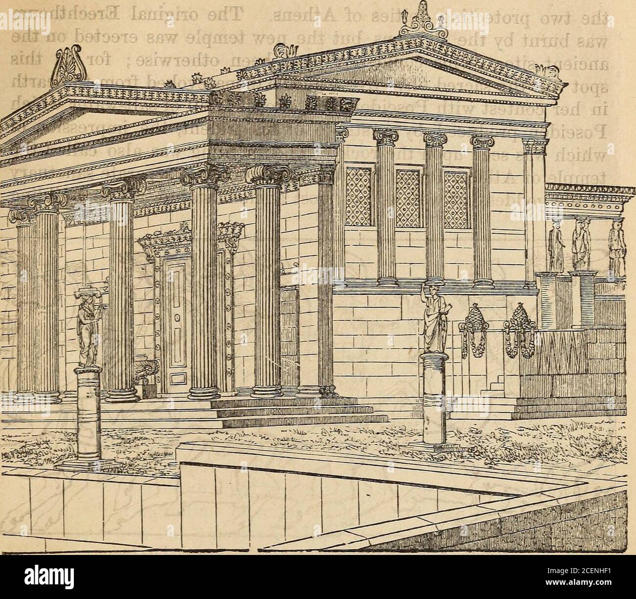 . Une histoire plus petite de la Grèce, des temps les plus tôt à la conquête romaine. Comme nodoute retardé par cet événement, et il n'a probablement pas été completeavant 393 avant C.-B. TThen a fini, il a présenté un des plus beaux modelsde l'ordre Ionic, comme le Parthénon était du Doric. Il se trouvait au nord de ce dernier bâtiment, et près du mur nord de l'Acropole. La forme de l'Erechtheum diffère de tout l'exemple connu d'un temple grécien. Habituellement un templewa grec une figure oblongue avec un portique à chaque extrémité. L'Erech-theum. Au contraire, bien qu'oblong dans la forme, et ayant aportico à Banque D'Images