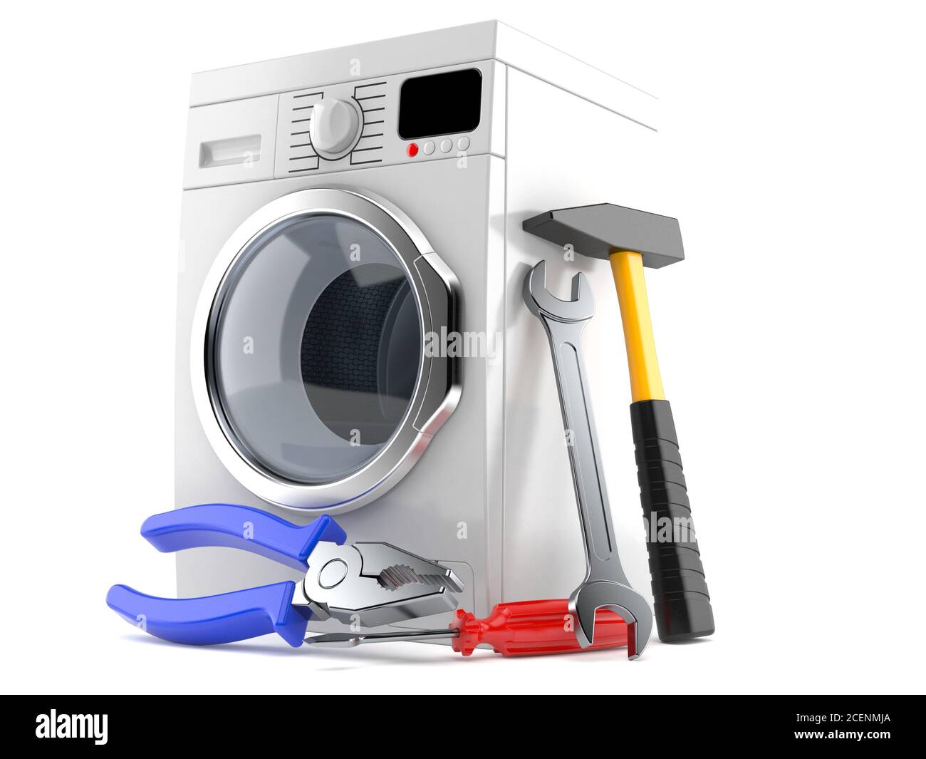 Lave-linge avec outils de travail isolés sur fond blanc Banque D'Images