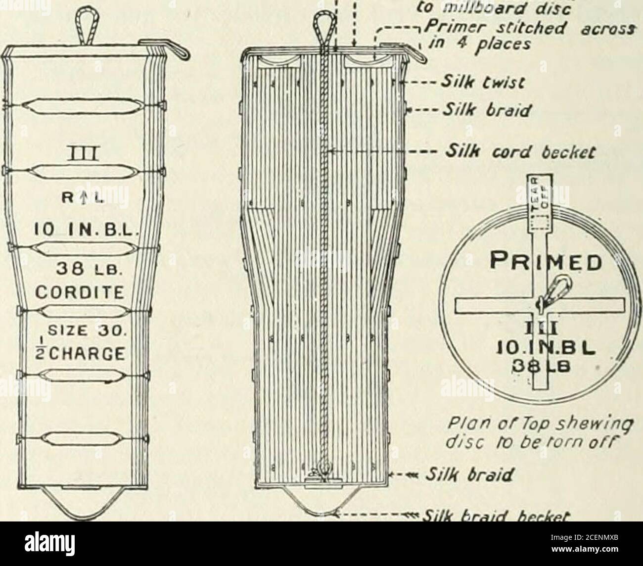 . L'Encyclopédie britannica; un dictionnaire des arts, des sciences, de la littérature et de l'information générale. Cloth hasalso a été essayé, mais il y a certains inconvénients à y assister. Toutes les poudres sans fumée sont un peu difficiles à enflammer en agun, de sorte que pour éviter les feux de suspension, chaque cartouche a un aprimeur ou un allumeur, de poudre ordinaire à grain fin, placé de manière à intercepter le flash du tube; l'extérieur du sac con-taining cet allumeur est fait de shalloon, pour permettre au flash de pène facilement. La charge pour les armes lourdes (au-dessus de 6 po) est constituée de cartouches séparées contenant Banque D'Images