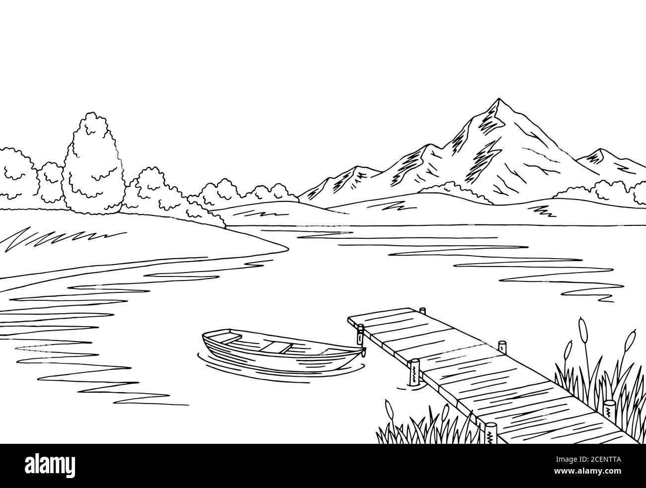 Lake Bridge graphique noir blanc paysage dessin vecteur d'illustration Illustration de Vecteur