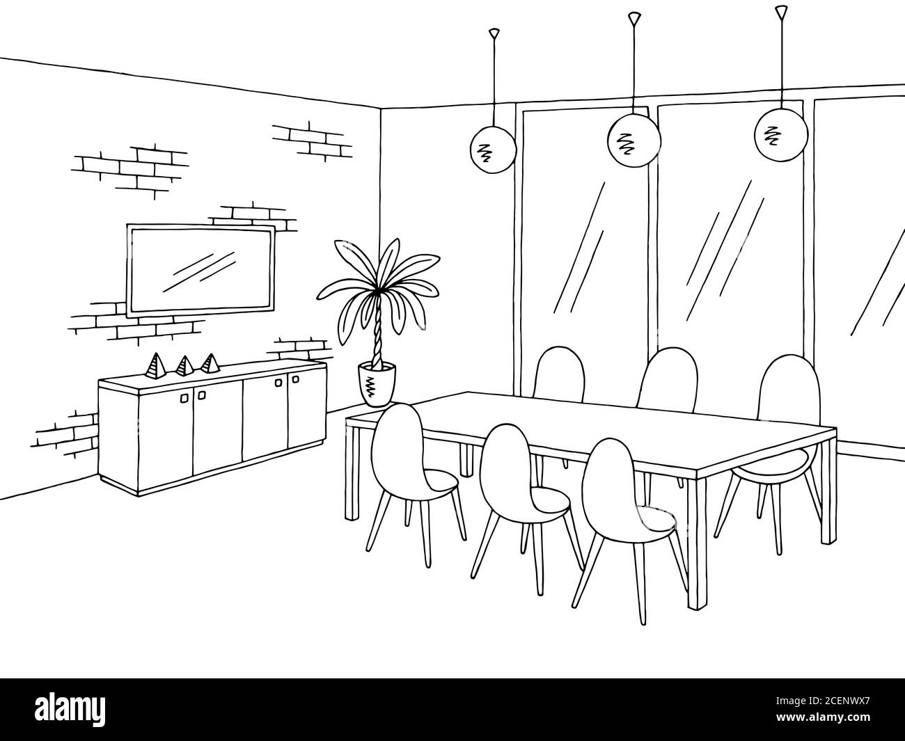 Dessin d'intérieur graphique noir blanc de la salle de réunion de bureau, illustration vectorielle Illustration de Vecteur