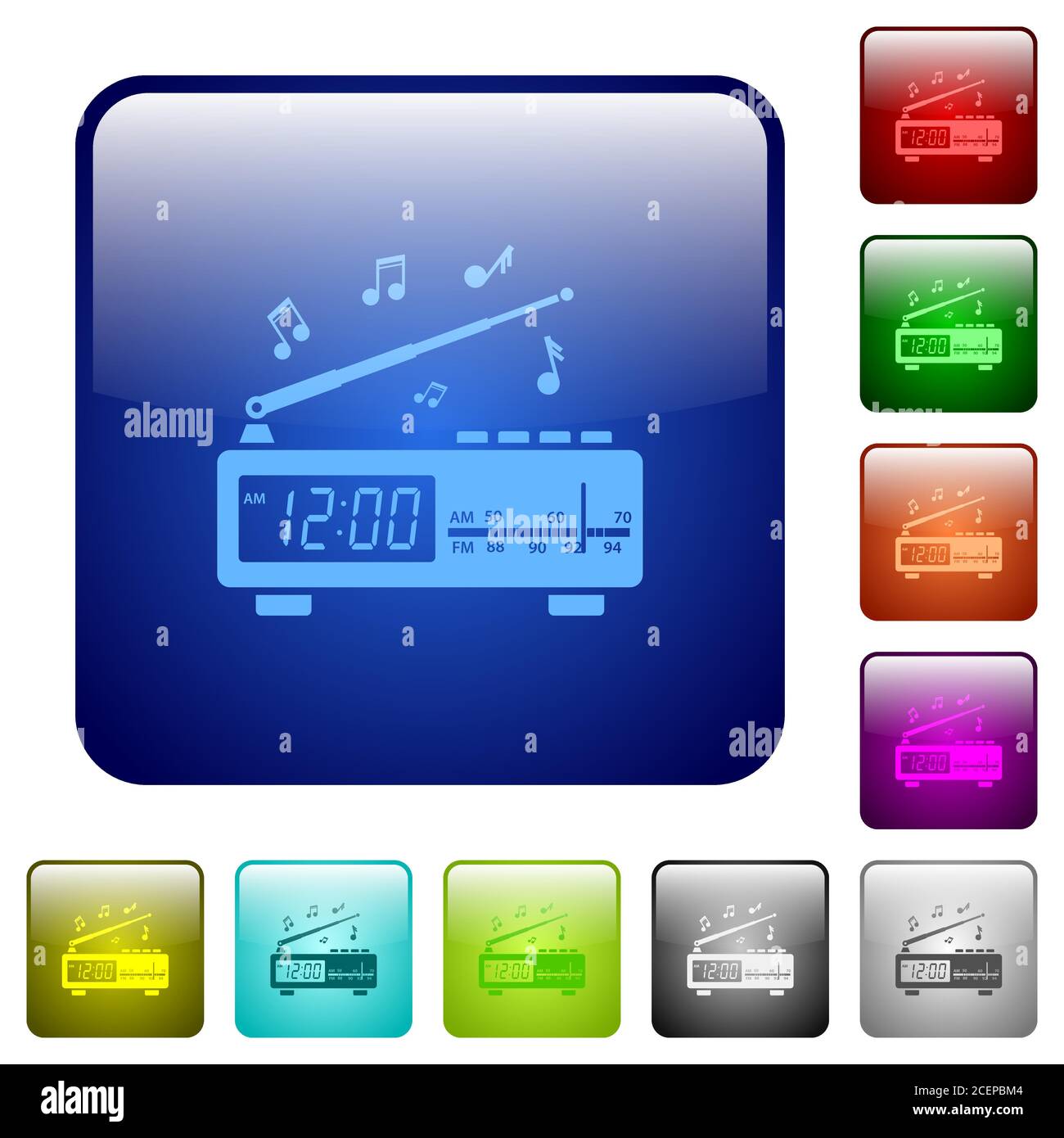 Radio-réveil vintage avec icônes musicales de couleur carrée arrondie jeu de boutons brillants Illustration de Vecteur