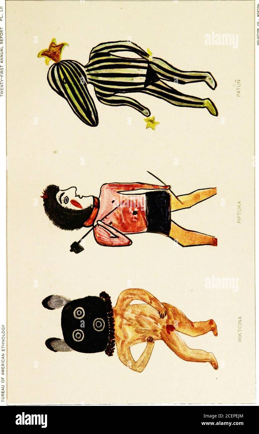 . Hopi Katcinas dessiné par des artistes autochtones. Lancer nmd pendant les danses et les festivals. PIPTUKA (plate LII) Piptuka apparaît dans les danses publiques et participe à la danse des mudheads, ou clowns. Il porte une houe au-dessus de son épaule et un bâton de plantation dans sa main gauche, indiquant son lien avec la plantation. PATUN (plate LII) Patun, le katcina de squash, est représenté comme un homme avec du vert peint du corps avec des bandes noires, portant des fleurs de courge dans les huislands. Le masque est de la même couleur verte, avec des bandes noires, est fait d'un grand gourde portant une imitation d'une fleur de courge sur la thela Banque D'Images