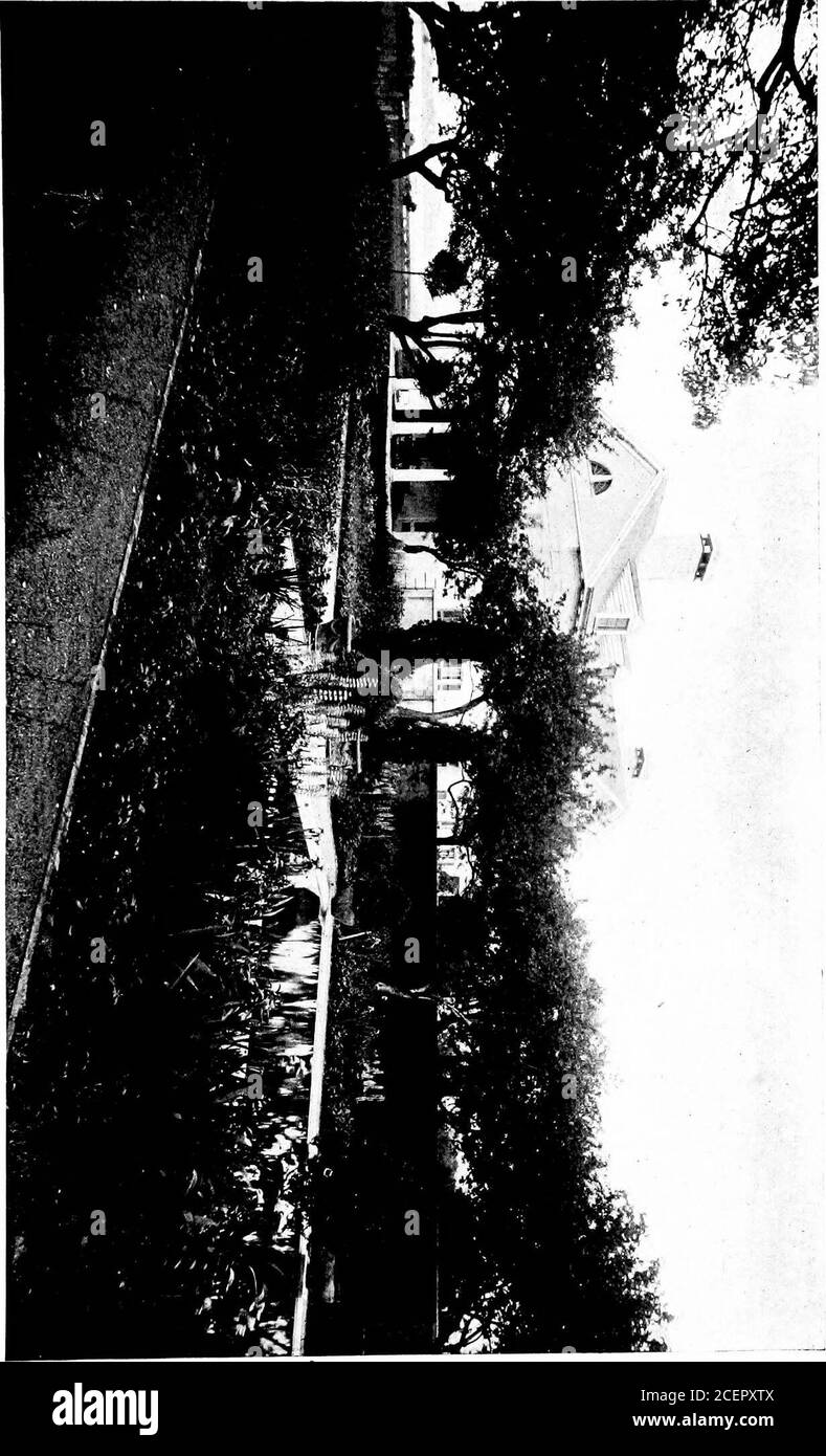 . Maisons pour la ville ou la campagne. Chemin de traverse bordé d'arbres et de arbustes conduit depuis la route jusqu'à la parvis en face de la maison, et ces arbres enferment une vue qui est terminée par la théolonnade et l'entablature de la véranda avant.à droite de l'allée, près de la route, entouré d'arbres, est l'écurie, tandis que plus loin sur le même côté est le court de tennis. L'espace du lanceur à gauche de la chaîne est d'abord visible par le potager puis par le jardin fleuri, mais le jardin fleuri est divisé bothde l'allée et le jardin potager par de hauts murs, Banque D'Images