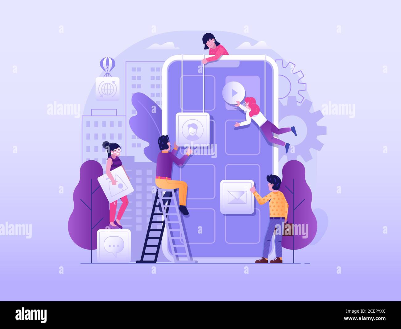 Processus de développement d'applications mobiles dans Flat Design Illustration de Vecteur