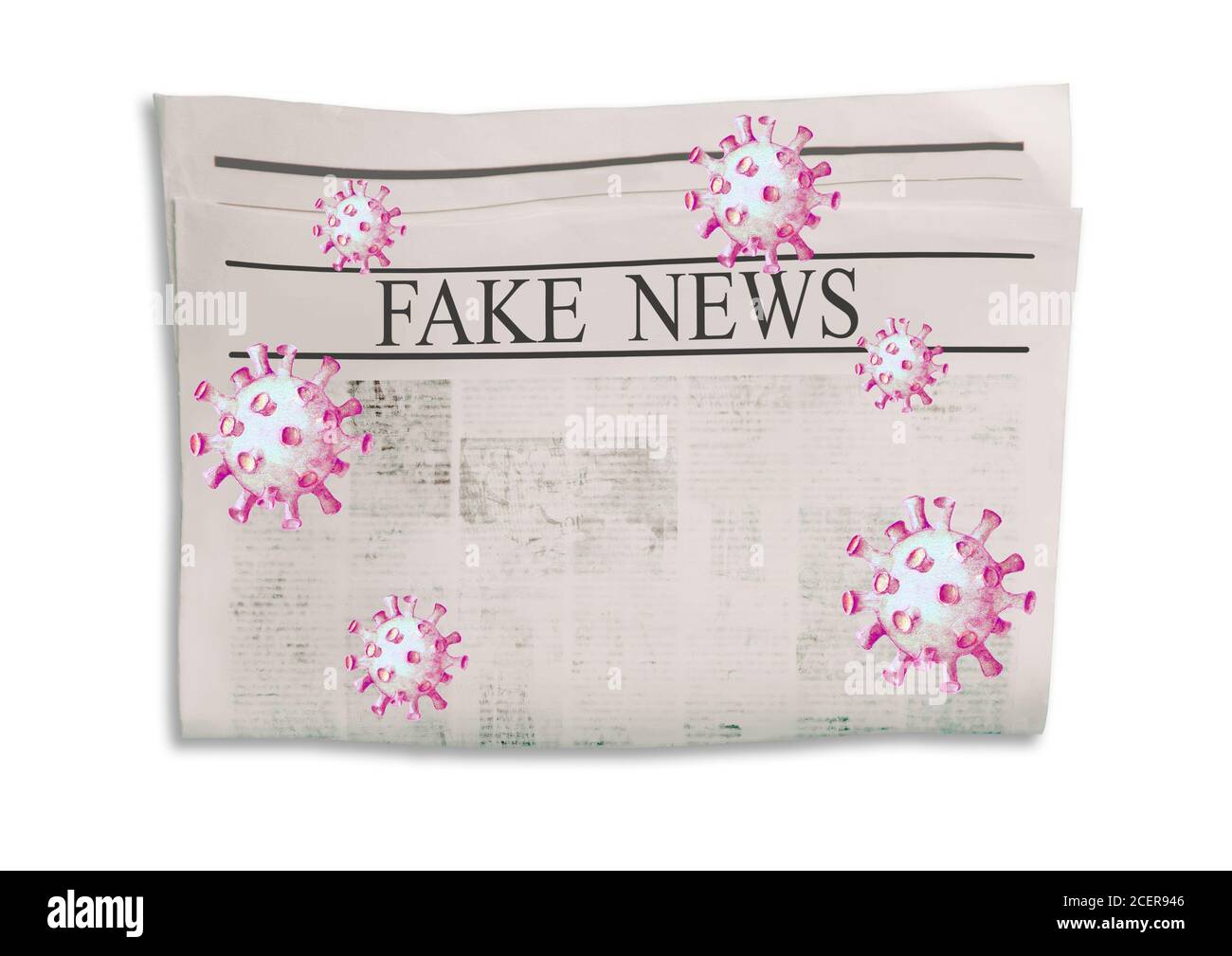 Coronavirus Covid-19 nouvelles. Journal avec le titre Breaking nouvelles sur la surface horizontale avec le virus volant. Arrière-plan des vieux journaux. Pages d'actualités anciennes t Banque D'Images