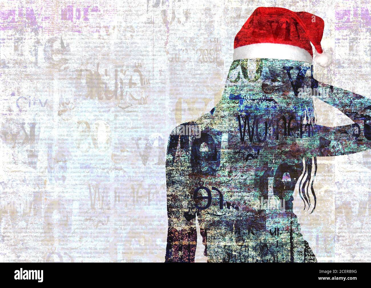 Médias mixtes art contemporain de la mode bonne année et joyeux Noël  collage. Belle fille en rouge chapeau de Père Noël sur fond de texture de  journal Photo Stock - Alamy