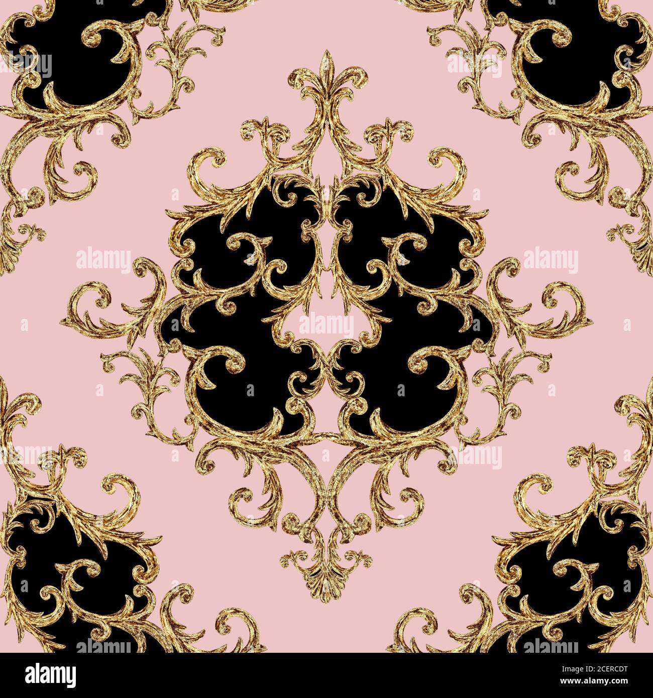 Éléments dorés baroques motifs décoratifs sans couture. Aquarelle texture dorée et noire dessinée à la main sur fond rose. Imprimé aquarelle vintage Banque D'Images