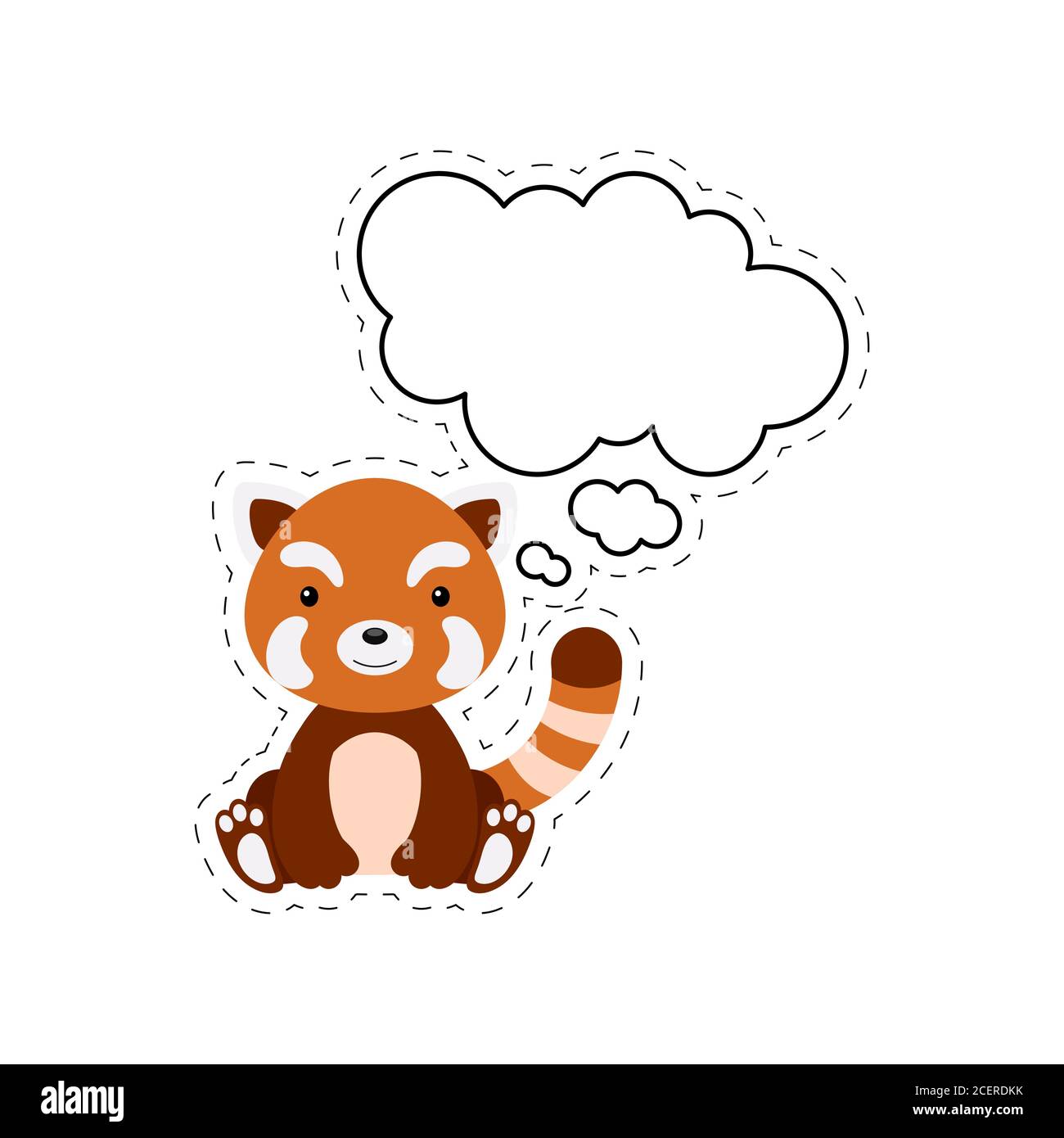 Joli paanda rouge avec autocollant à bulle de discours. Caractère kawaii sur fond blanc. Caricature de carte postale d'animal assis pour l'anniversaire Illustration de Vecteur