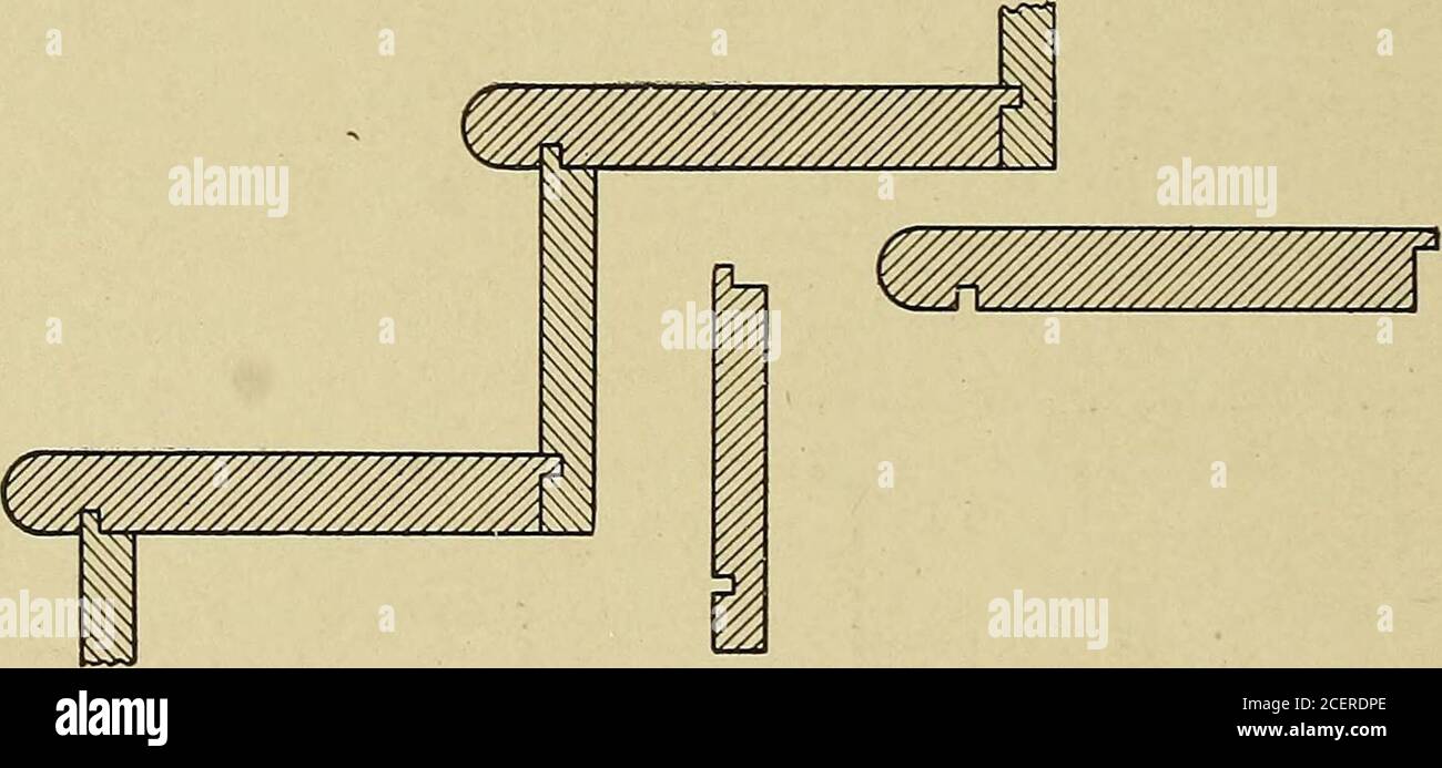 . Cyclopedia d'architecture, de menuiserie, et de construction; un ouvrage de référence général ... Figure 3. Méthode commune de montage et de voies de jonction. Cochon. 3. Section verticale des marches d'escalier. Figure 4. Section d'extrémité du surmontoir. Figure 5. Section d'extrémité de la bande de roulement. Environ f mch de long, et peut être de | pouce ou § pouce d'épaisseur. Caremust être pris en sortant les surmontoirs, qu'ils ne doivent pas être mametoo étroit, comme l'allocation doit être faite pour la lèvre. Si la colonne montante est un peu trop large, cela ne sera pas nocif, car la largeur de l'ovcr peut pendre sous la bande de roulement, mais elle doit être coupée à la largeur de l'exteNd où elle repose sur la ficelle. Le lit mu Banque D'Images
