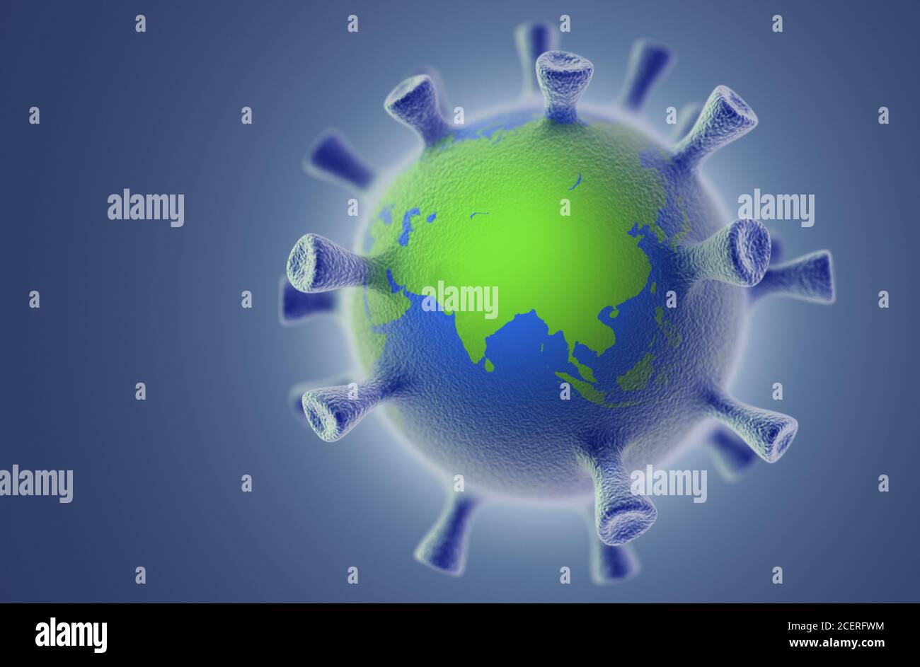 La propagation du virus sur la planète. Collage de virus 3d et de globe 3d. Virus Corona concept. Banque D'Images