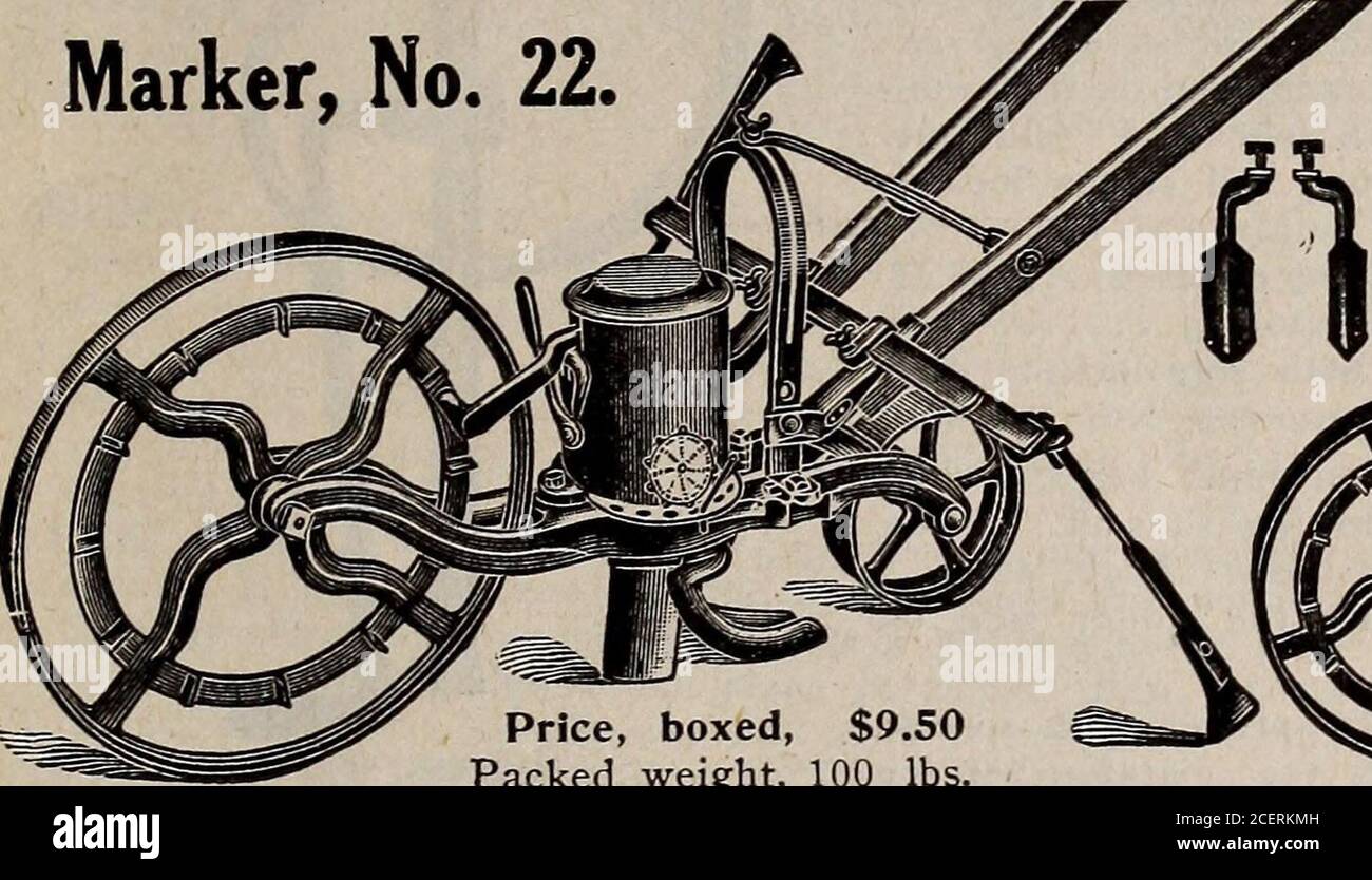 . Graines, bulbes, arbustes : catalogue 1914. Enverra gratuitement un catalogue descriptif complet de l'illus-trated à tous ceux qui le demandent. Les prix indiqués ici sont nets. Nouveau No universel 17 semoir DE jardin PAS MIEUX PEUT ÊTRE PRODUIT truies tous les kyides de graines végétales, y compris les pois. Haricots et maïs. La profondeur peut être mesurée à n'importe quel espace requis; permet de déposer uniformément la semence. Cette foreuse s'ouvre. Le sillon, tombe et couvre la semence, roule le sol sur elle et marque la rangée suivante, tout simplement en poussant la machine vers l'avant. Prix, boîte, 6.50 $. Nouveau N° universel 16 *Hill et Garden Seeder la même dans Banque D'Images