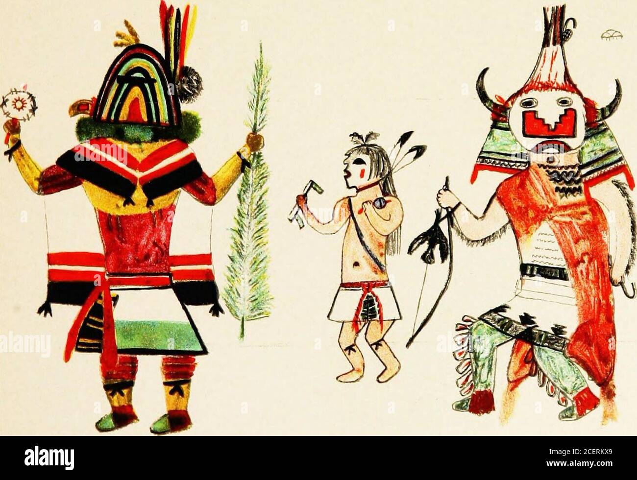 . Hopi Katcinas dessiné par des artistes autochtones. KOKLE. CITOTO SUMAIKOLI ET YAYA HELIOTYPE CO., BOSTON. FEWKES] KATCINAS APPARAISSANT EN PALClCKONTI 95 IIOKYANA MANA (Platf XXXIII) la femme de ménage ou la sœur de l'artiste précédent, tel que figuré l)y l'artiste Hopi, cheveux de hacher vêtus de la mode Zuni et porte une oreille de maïs à main levée. CAKWAHOXAfj (plate LXIII) la collection de katcina images aurait été augmenté severalfold weie nous inclure dans lui beaucoup qui sont des doublons dans ail i-espectssave couleur. Il peut être tenu à l'esprit que, tandis que presque tous ces beingshave jaune, vert, rouge, et blanc variantes, comme Banque D'Images