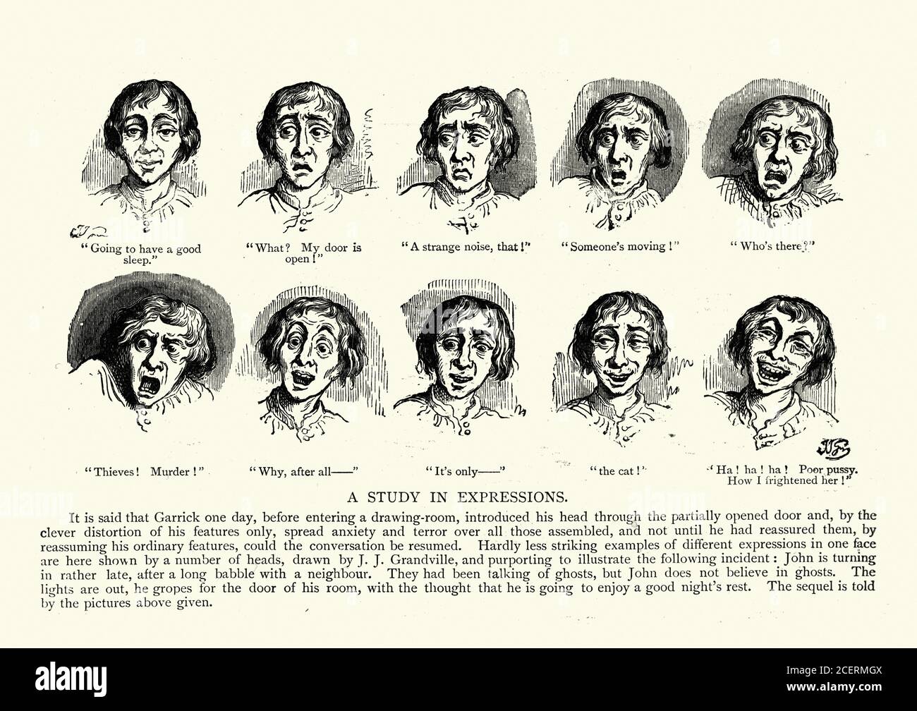 Illustration ancienne d'une étude dans les expressions du visage, victorienne XIXe siècle Banque D'Images