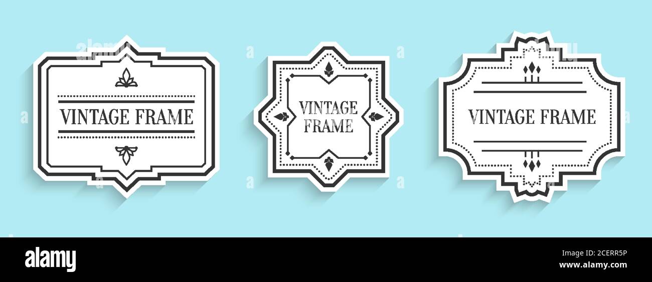 Rétro vintage blanc étiquettes papier coupé avec ombre. Forme différente bordure vide étiquette menu prix de vente avec éléments décoratifs. Modèle d'emballage pour bannière de texte, autocollant Illustration vectorielle isolée Illustration de Vecteur