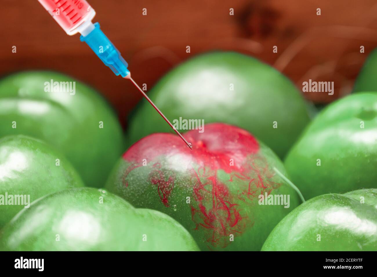 Un produit chimique s'injectant dans le fruit vert de la nectarine. Le concept des aliments OGM, des légumes et des fruits arc-en-ciel. Gros plan. Banque D'Images