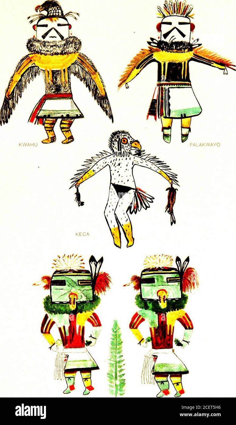 . Hopi Katcinas dessiné par des artistes autochtones. MASAUU EOTOTOTO HELIOTYPE CO., BOSTON, BUREAU OF AMERICAN ETHNOLOGY VINGT ET UNIÈME RAPPORT ANNUEL PL. V. HELiOTvrE CO B^JSTON PAWIh: FEWKES] KATCINAS APPARAISSANT DANS POWAMtJ ( i dans la célébration du départ du Katcinus. Le dernier matin de ce festival, il est accompagné de trois autres katcinasqui marchent autour de l'entrée de kiva, tenant une conversation avec theohief ci-dessous et recevant des offrandes, comme cela a été décrit ailleurs. Le dieu Eototo a été introduit de l'ancien pueblo, Sik3atki, et son vieux masque ou casque est dans la garde des descendants Banque D'Images