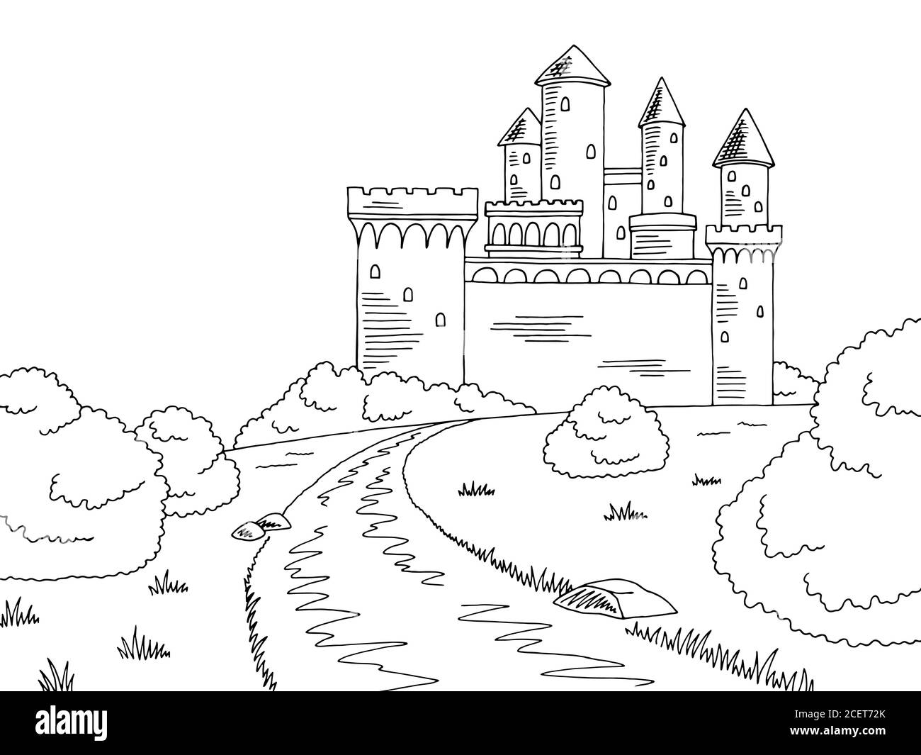 Castle Road graphique noir blanc paysage dessin illustration vecteur Illustration de Vecteur