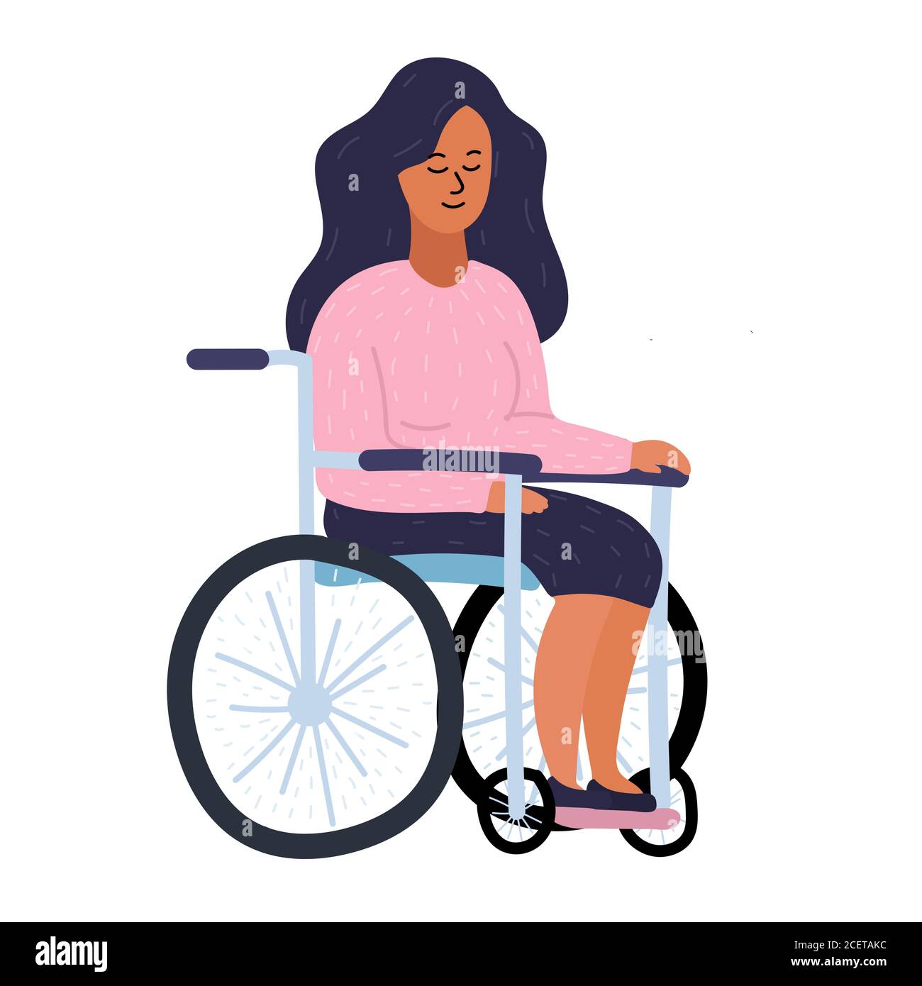 La jeune femme est sur une chaise roulante, un handicap et une  responsabilité sociale. Fille avec cheveux noirs et chandail rose.  Illustration vectorielle de dessin animé isolée activée Photo Stock - Alamy
