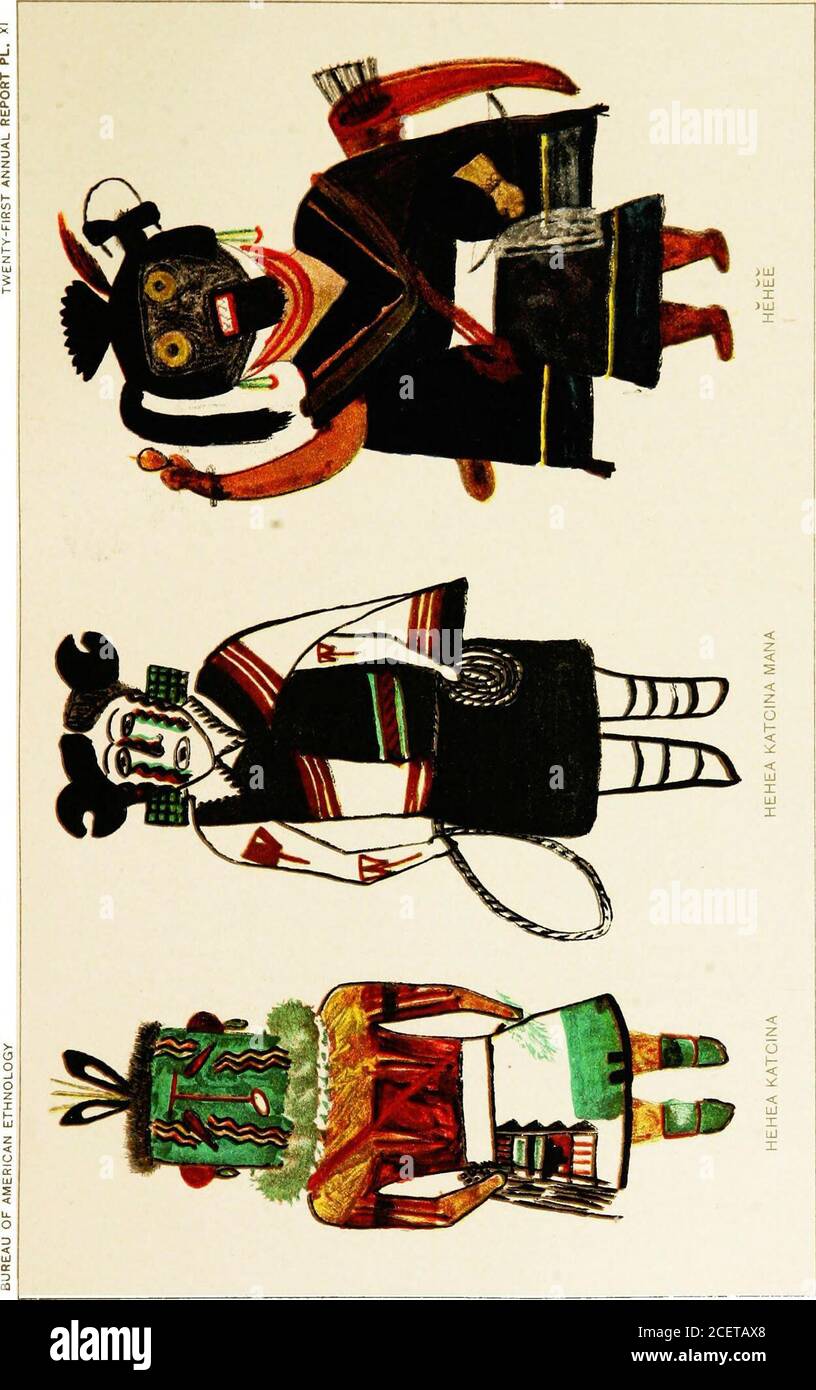 . Hopi Katcinas dessiné par des artistes indigènes. ok place il y a à peine deux siècles, il y a des katcinas séeraux survivants de Walpi qui seraient dérivés de ce pueblo. Parmi ceux-ci peuvent être mentionnés des twobogies appelés Soyok taka et Soyok mana, mâles et femelles monstres.ils sont parfois personniés à Walpi, et, comme leurs noms l'indiquent, viennent d'Awatobi à l'origine. Soyok taka correspond à Natacka, et probablv tous deux sont venus à l'origine à Tusayan de l'est pueblos. Soyok taka porte un masque sans symbolisme distinct, et a un museau apiotubérant, avec des dents faites de balles de maïs. Il a des goggl Banque D'Images