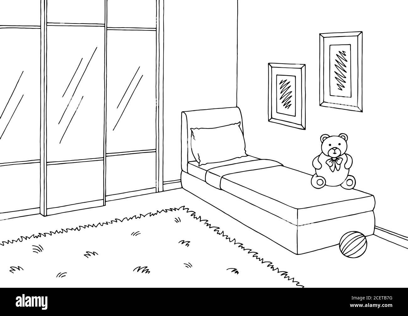 Illustration vectorielle d'esquisse intérieure noire blanche dans la chambre des enfants Illustration de Vecteur