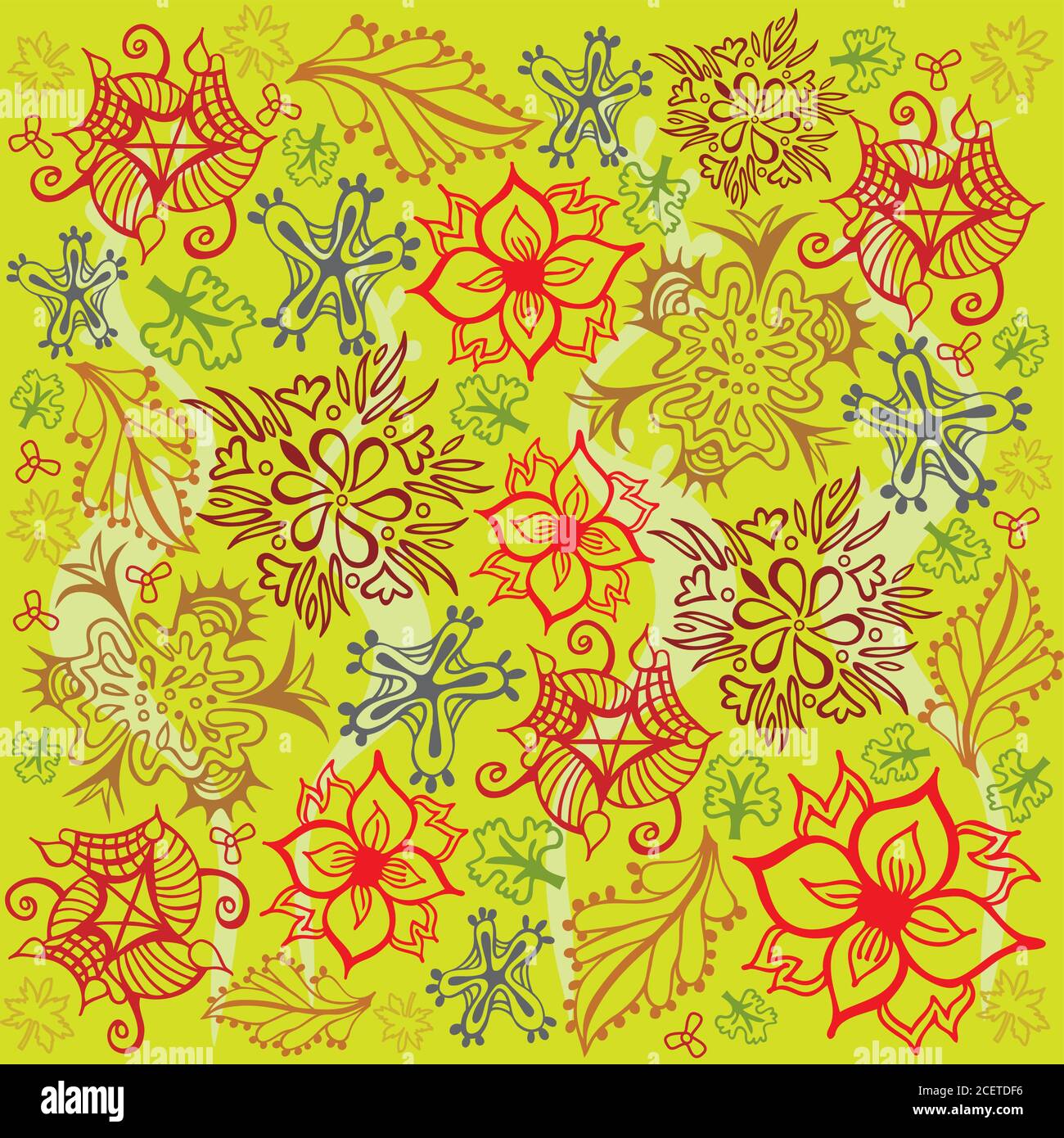 Motif de fleurs et de feuillages - fond vert multicolore - Mystique jardin Illustration de Vecteur