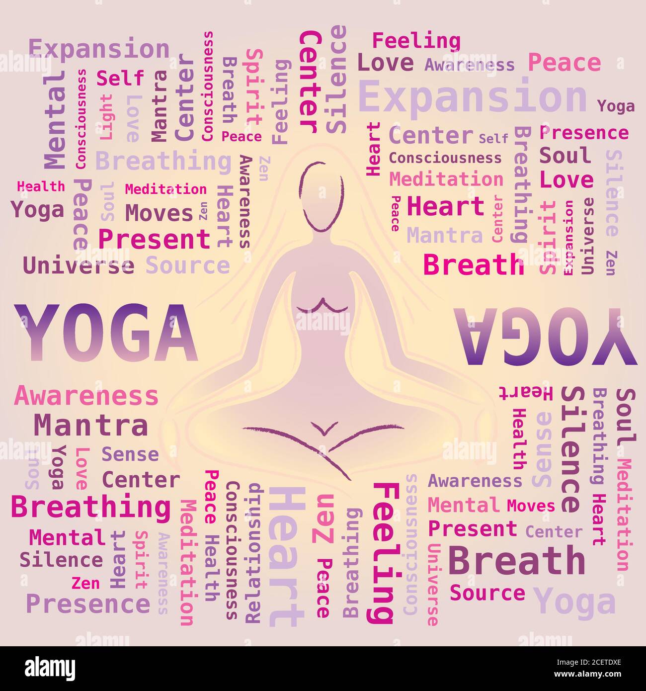 Silhouette de femme en posture de yoga entourée de mots - parole Cloud Yoga - fond rose et jaune Illustration de Vecteur
