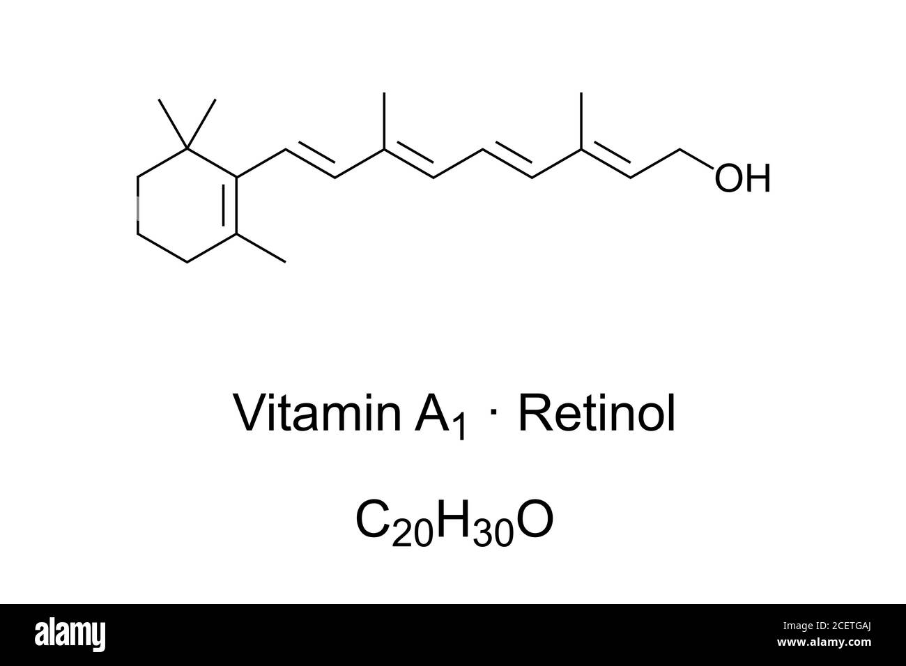 Vitamine A1, également rétinol ou axérophthol, structure chimique. Trouvé dans les aliments, utilisé comme supplément alimentaire pour traiter la carence en vitamine A. Banque D'Images Vitamine A1, également rétinol ou axérophthol, structure chimique. Trouvé dans les aliments, utilisé comme supplément alimentaire pour traiter la carence en vitamine A. Banque D'Images