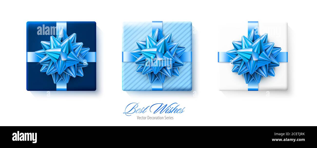 Ensemble de boîtes cadeaux avec boucles et rubans bleus isolés sur fond blanc Illustration de Vecteur