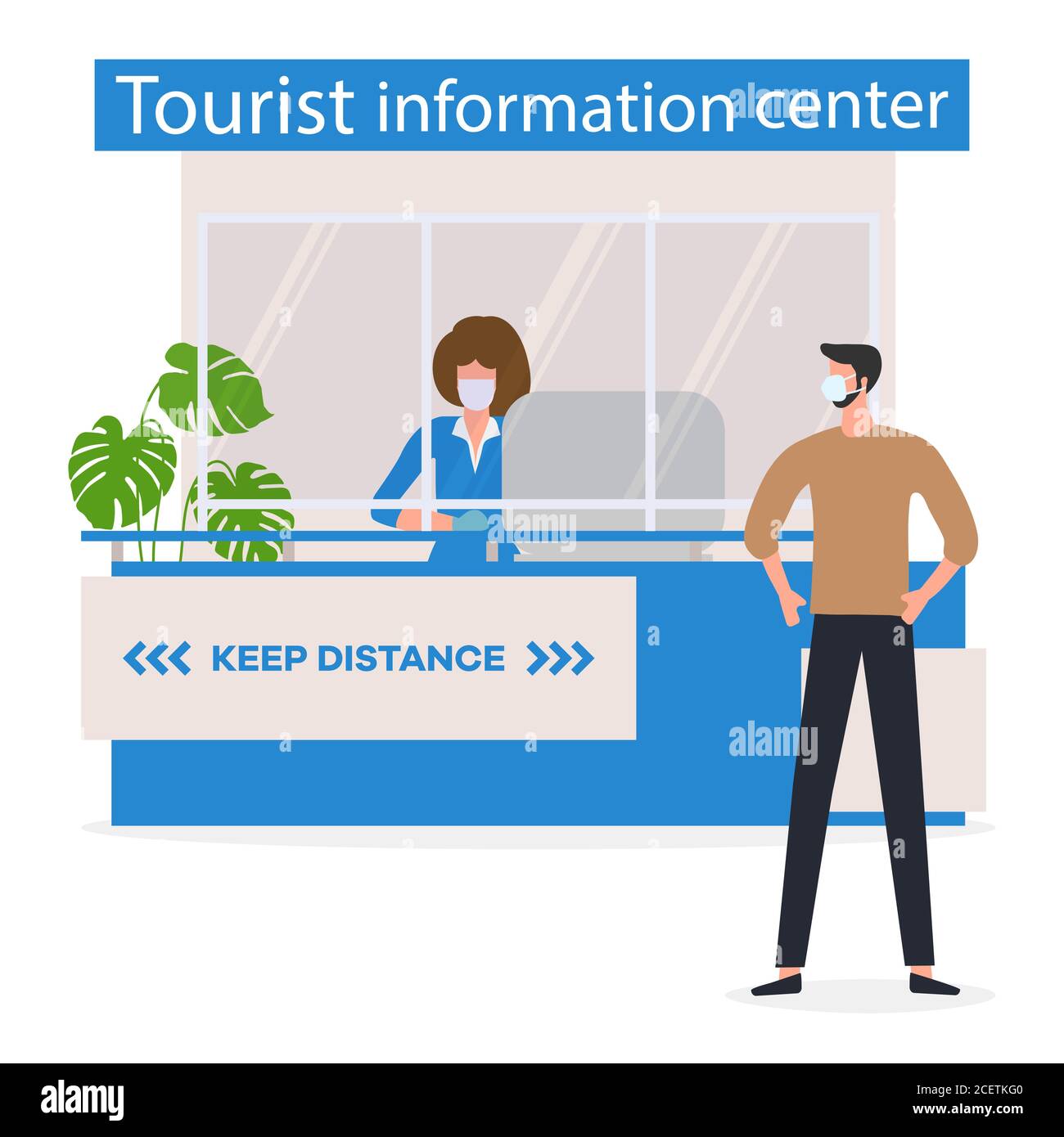 Illustration vectorielle réouverture du centre d'accueil après le spécialiste du coronavirus dans Centre d'information touristique en masque médical de protection et gants de protection Illustration de Vecteur
