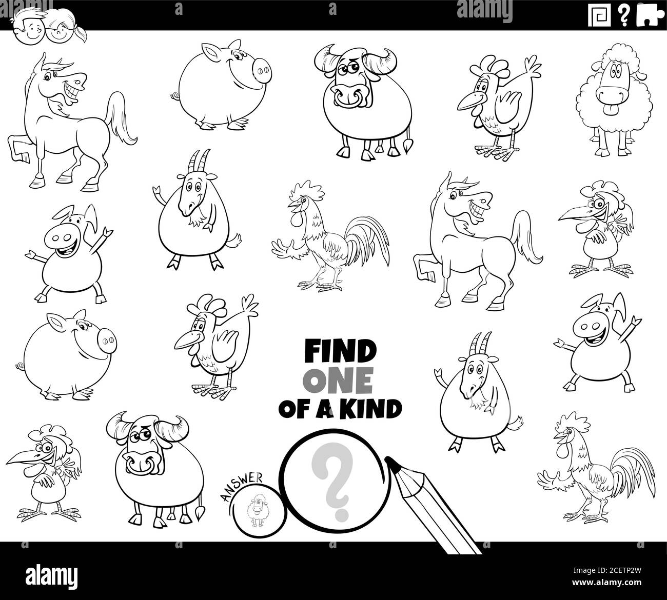 Dessin animé noir et blanc Illustration de trouver un de Genre image jeu éducatif avec la couleur de personnages de ferme comique d'animal Page de livre Illustration de Vecteur
