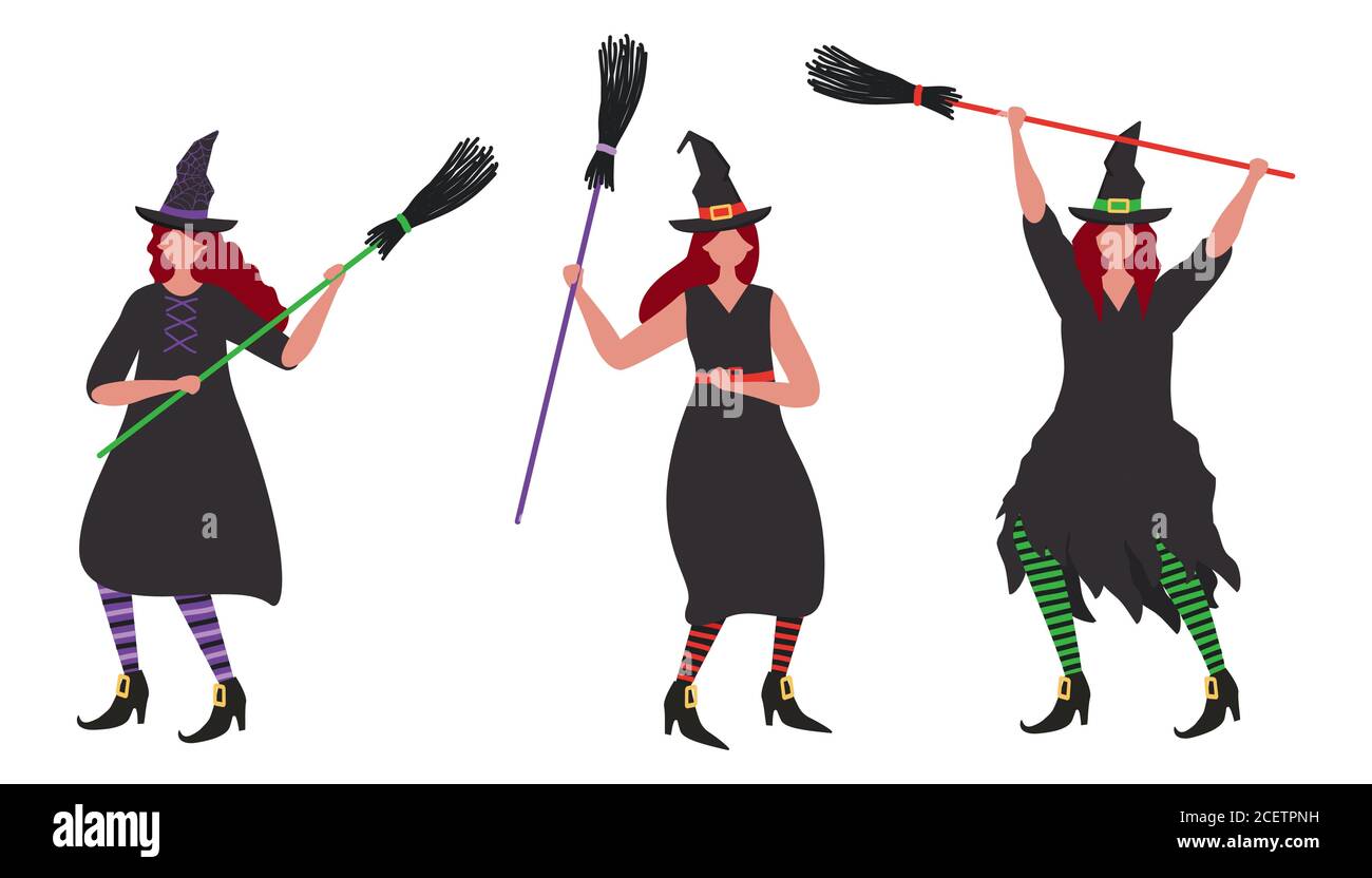 Les sorcières dansent avec les balais. Fête d'Halloween. Jeunes femmes en costumes de sorcière. Les gens célèbrent Halloween. Illustration vectorielle Illustration de Vecteur