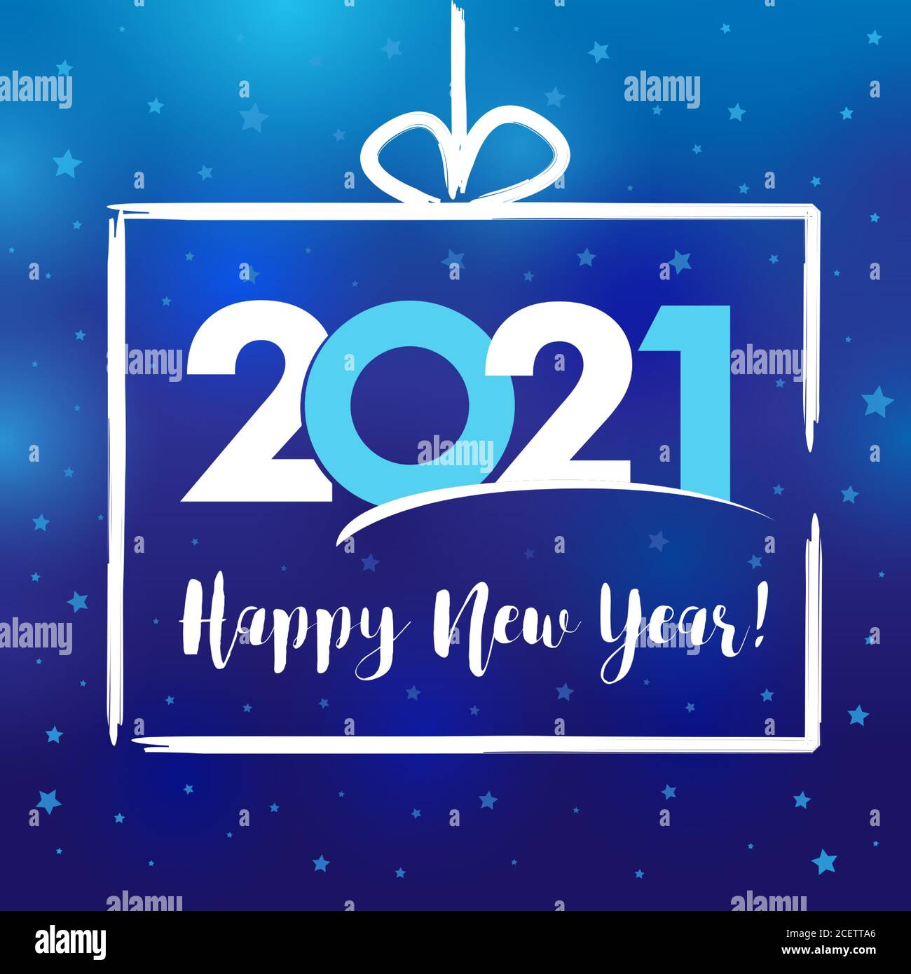 2021 lettres du nouvel an avec étoiles blanches dans la boîte cadeau actuelle. Calligraphie vectorielle réaliste et chiffres 20 21 concept de signe, couverture de vacances Illustration de Vecteur