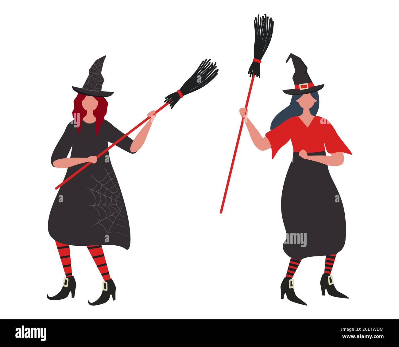 Les sorcières dansent avec les balais. Fête d'Halloween. Jeunes femmes en costumes de sorcière. Les gens célèbrent Halloween. Illustration vectorielle Illustration de Vecteur