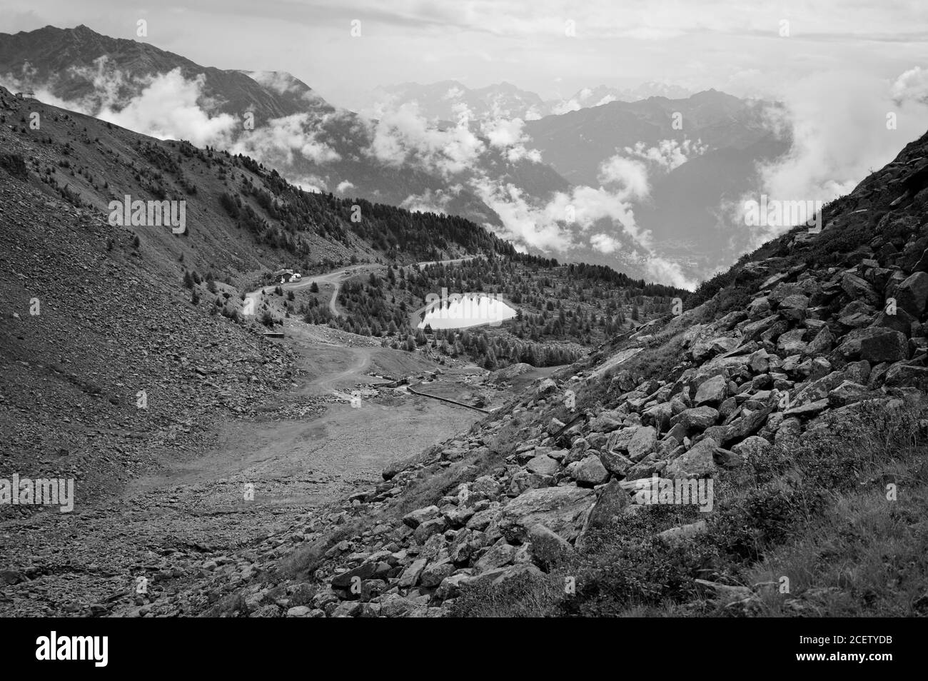 Un petit lac entouré d'un bois dans les Alpes italiennes près d'un refuge de montagne (Trentin, Italie, Europe) Banque D'Images