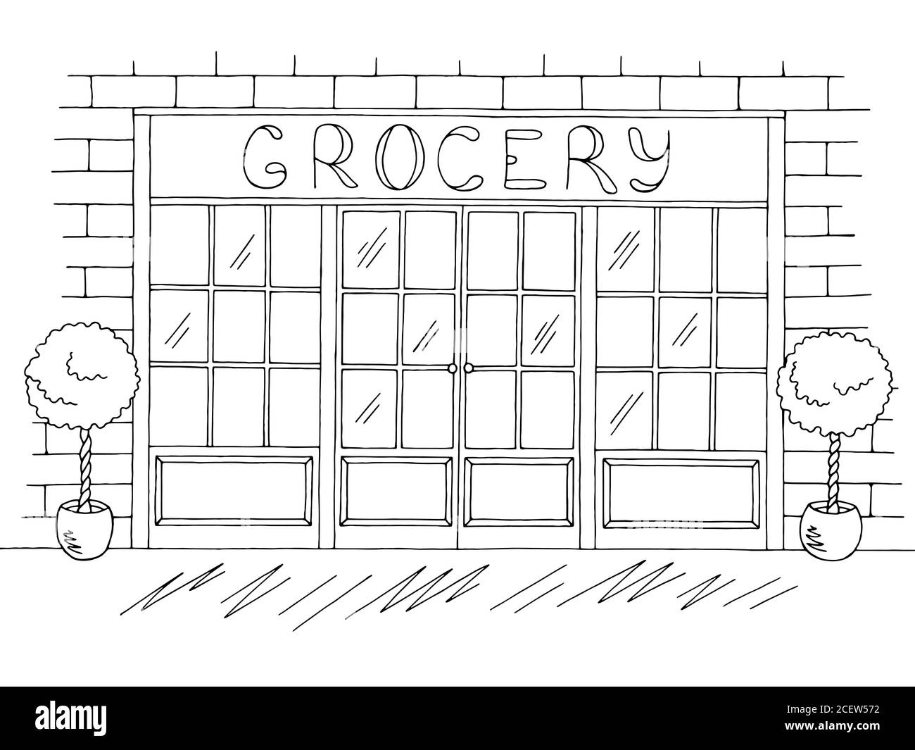 Graphique extérieur de l'épicerie noir blanc dessin illustration vecteur Illustration de Vecteur