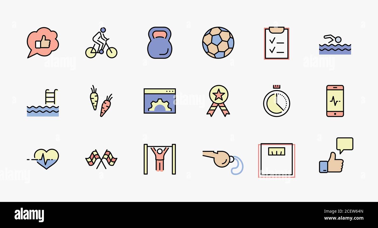 Ensemble D'Icônes De Ligne Vectorielle Fitness. Contient Des Icônes Telles Que Cyclisme, Kettlebell Sport, Ballon De Football, Heartbeat, Entraînement, Stopwatch, Minuterie, Plan De Régime Illustration de Vecteur