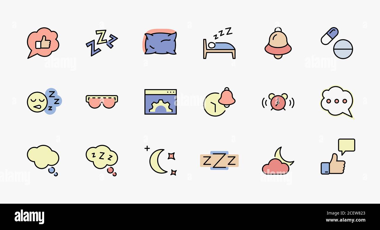 Jeu D'Icônes De Lignes Vectorielles De Veille. Contient des icônes telles que réveil, lit, Insomnie, oreiller, Pilules Pour Dormir, cloche, lunettes pour dormir, bulle et plus Illustration de Vecteur