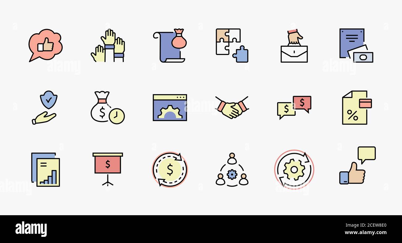 Ensemble D'Icônes Vectorielles De Coopération Commerciale. Contient Des Icônes Telles Que Puzzle, Partnership, Money, Handshake, Dollars, Team, Synergy, Work, Interaction Illustration de Vecteur