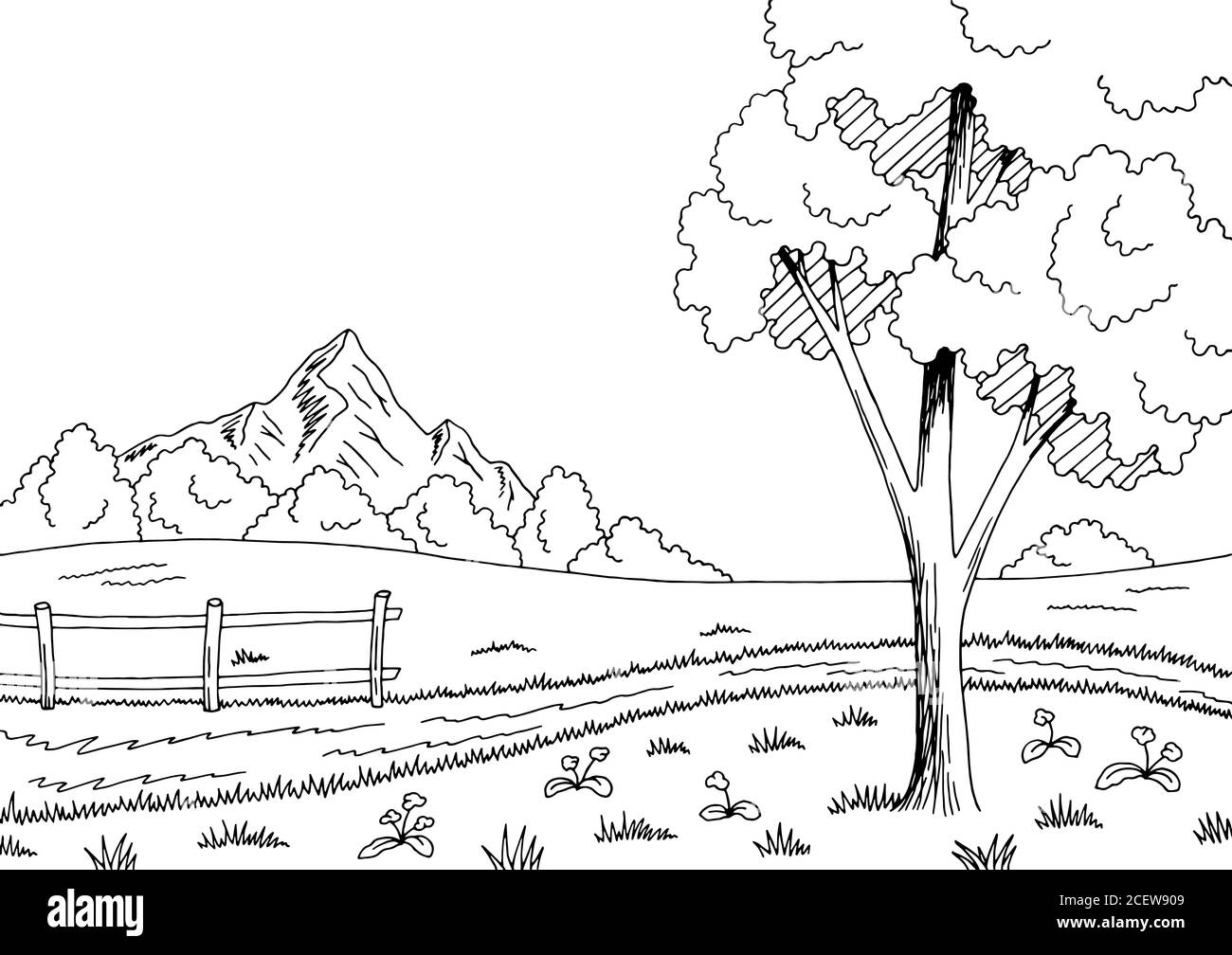 Route rurale graphique noir blanc paysage dessin vecteur d'illustration Illustration de Vecteur