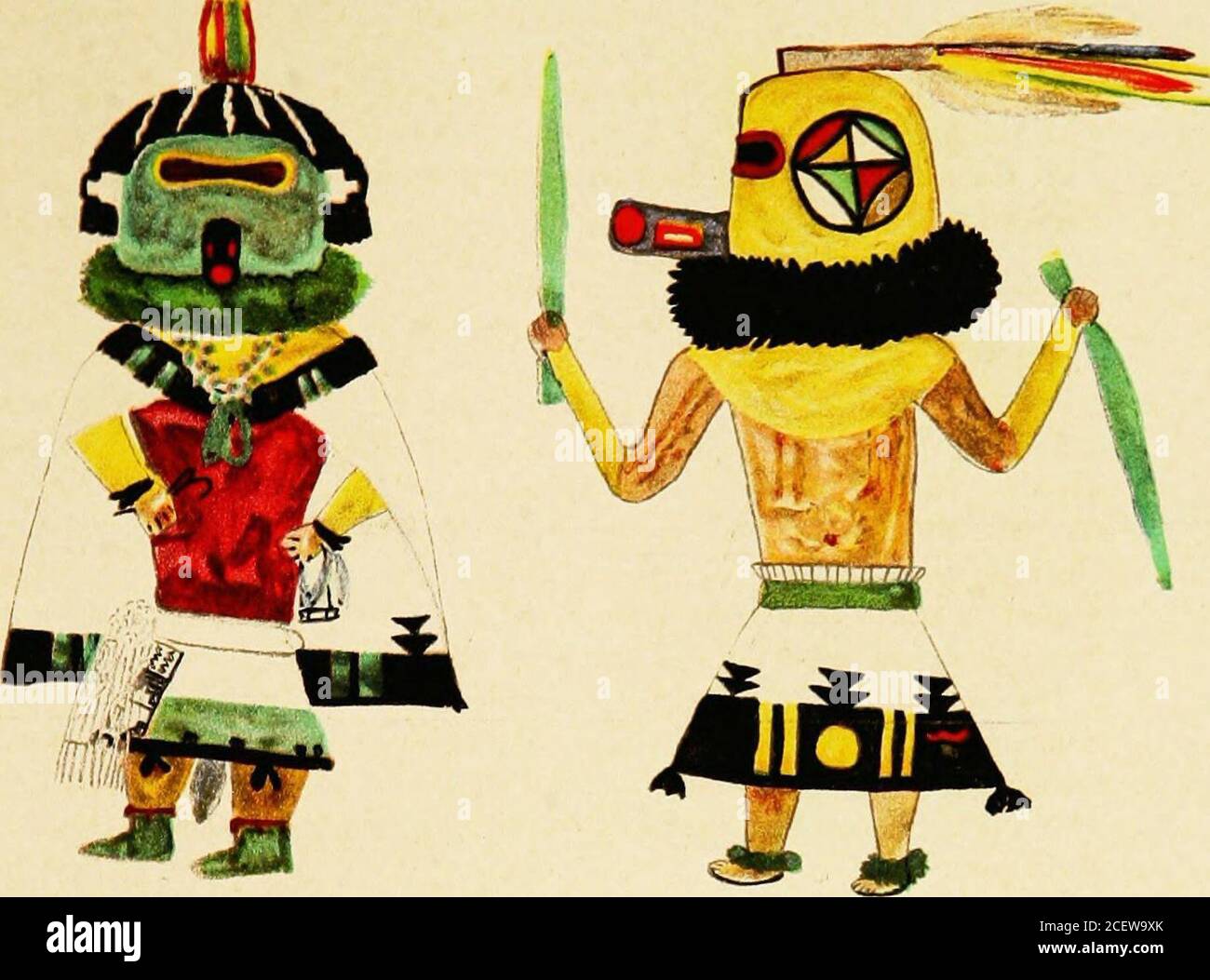 . Hopi Katcinas dessiné par des artistes autochtones. Re représenté dans les deux mains, et le kiltis fait de la peau de sarrasin. CAIASTACAXA (plate II) cette image représente une katcina Zuiii du même nom, qui, à l'image de tout autre dérivé de ce pueblo, a un collier sur le bord inférieur du casque. Sur le côté droit de la tête il y a une corne, et sur la gauche une projection dont les bords sont en terrasse. Quelques plumes jaunes apparaissent dans les cheveux. L'artiste a représenté sur un calicoshirt une couverture en coton blanc avec une bordure verte et noire, dont la partie inférieure cache partiellement un four cérémonial. • à gauche Banque D'Images